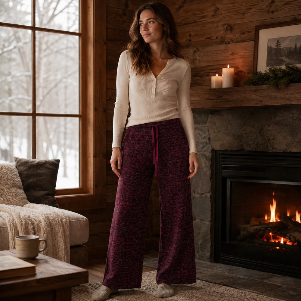 Softies Womens Marshmallow Lounge Pants Sz L Burgundy Black Wide Leg Cozy Plush